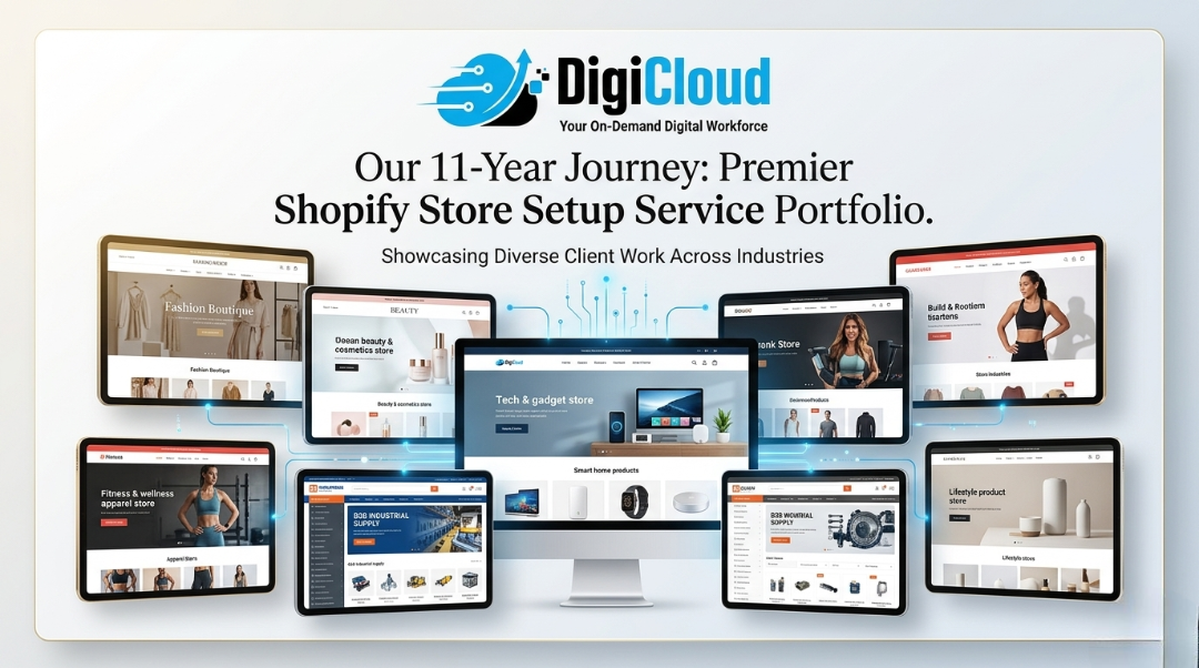 DigiCloud 11 years shopify store setup service portfolio showing diverse industry client work