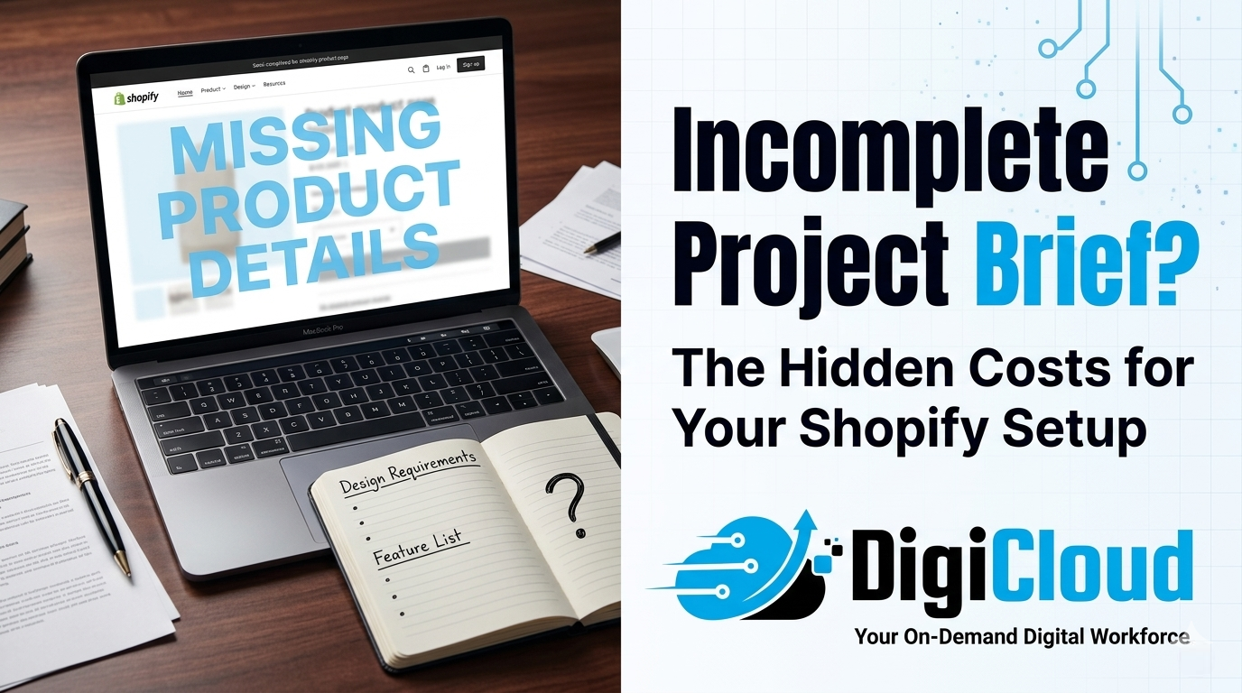Incomplete project brief for a shopify store setup service showing missing product details and unclear design requirements