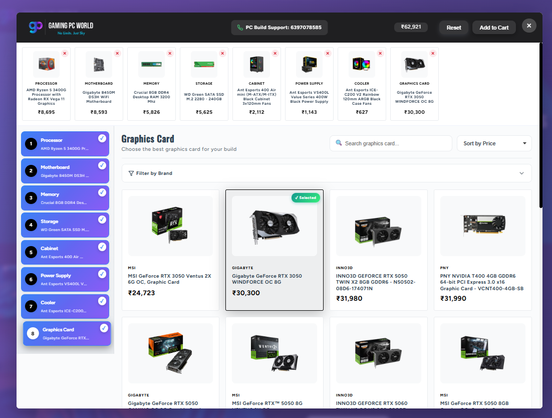 Shopify Product Builder build summary panel showing selected components tracked in real time — each category displays the chosen product name with visual completion indicators, allowing customers to review their full build at a glance.