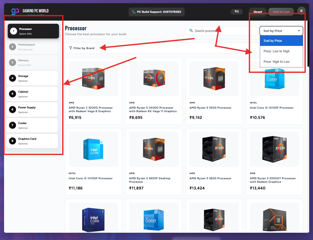Shopify Product Builder live pricing panel showing a dynamically updated total build cost, an Add to Cart button to complete the purchase, a Reset Selection button to restart the build, and Previous / Next Step navigation buttons guiding customers through the configuration workflow.