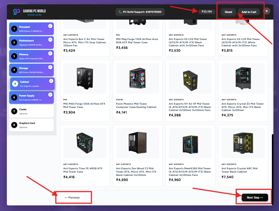Shopify Product Builder interface showing the left-side component configuration panel for GamingPCWorld — with Processor, Motherboard, Memory, Storage, Cabinet, Power Supply, Cooler, and Graphics Card steps, alongside a searchable product grid with brand filters and sorting options.